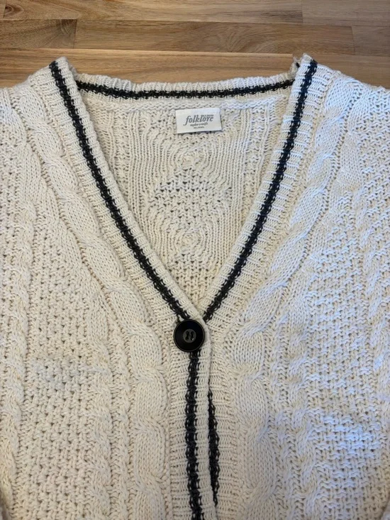 Taylor Swift Folklore Cream Cable Knit Cardigan with Black Trim and Star Elbows - Picture 6 of 16